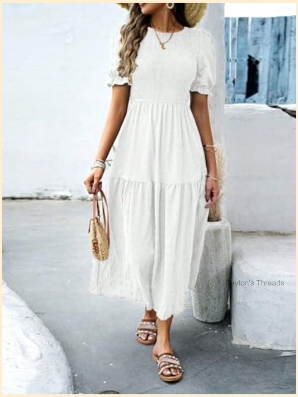 Short Sleeve Maxi Dress Modest Casual A-Line Tiered Flowy Smocked - Picture 6 of 6